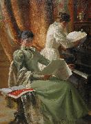 Emil Lindgren Interior med musicerande kvinnor vid pianot oil on canvas